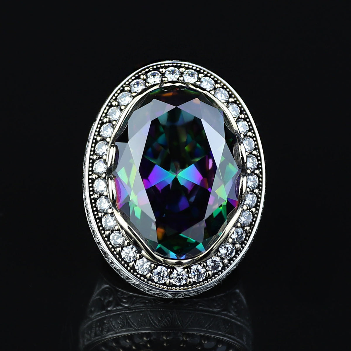 Men Silver Large Mystic Topaz Ring, Rainbow Gemstone Ring, Solid Silver Handmade Large Ring, Colorized Gemstone Ring