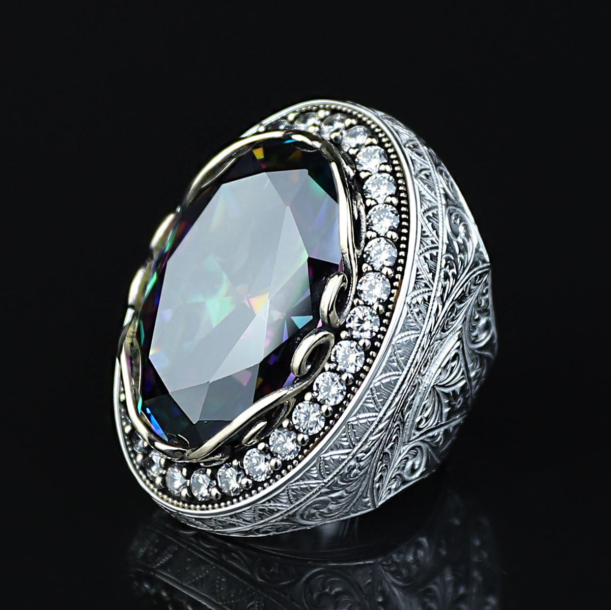 Men Silver Large Mystic Topaz Ring, Rainbow Gemstone Ring, Solid Silver Handmade Large Ring, Colorized Gemstone Ring