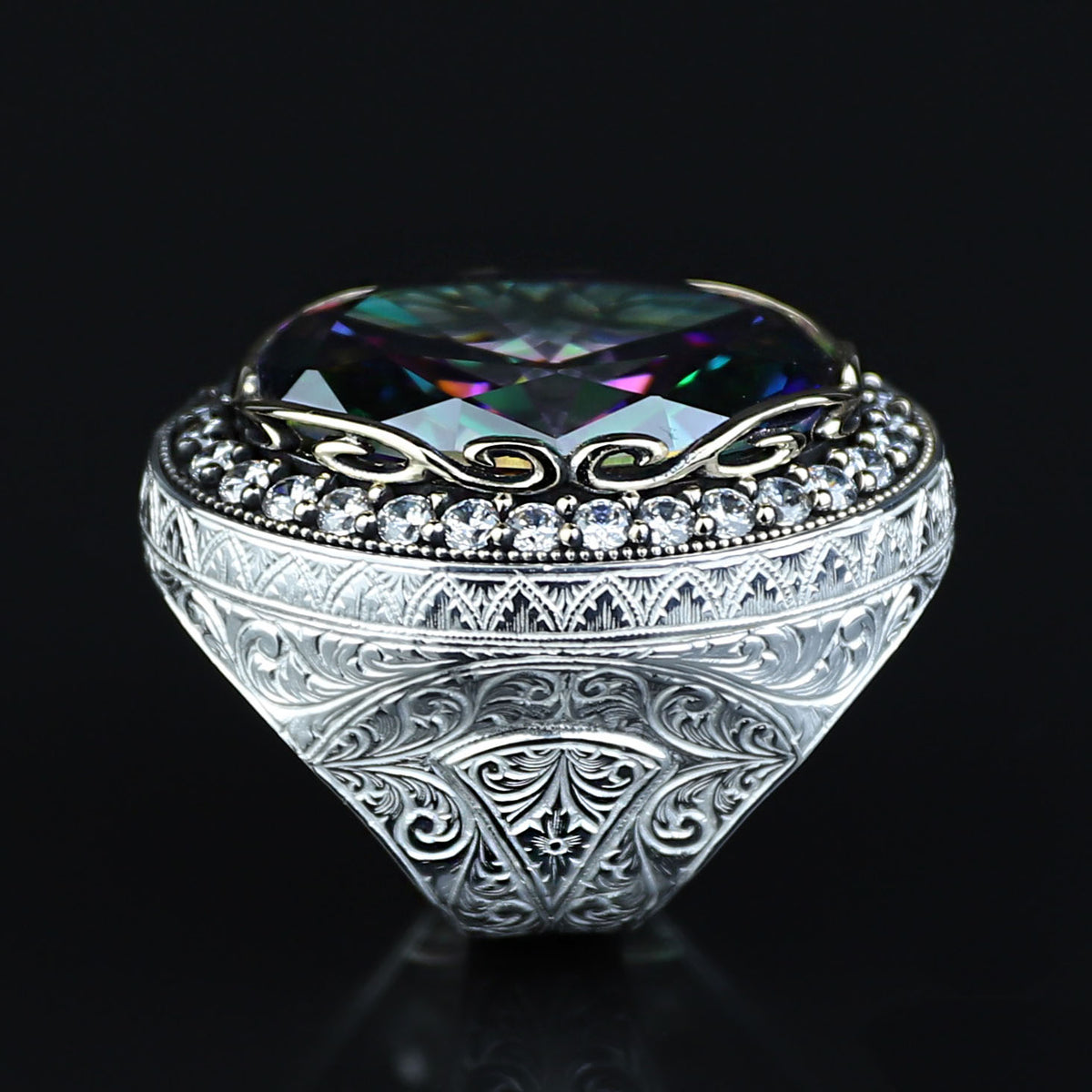 Men Silver Large Mystic Topaz Ring, Rainbow Gemstone Ring, Solid Silver Handmade Large Ring, Colorized Gemstone Ring