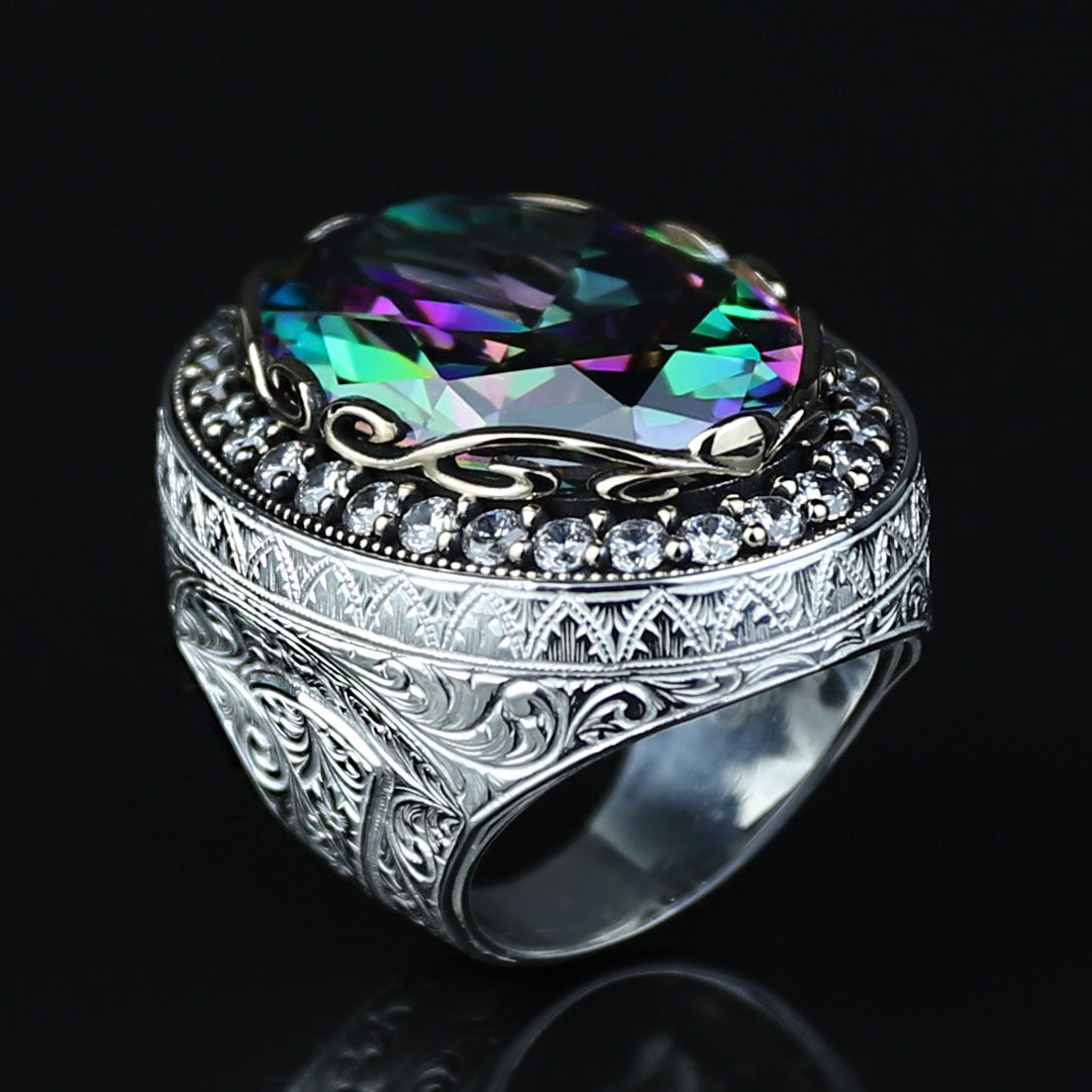 Men Silver Large Mystic Topaz Ring, Rainbow Gemstone Ring, Solid Silver Handmade Large Ring, Colorized Gemstone Ring