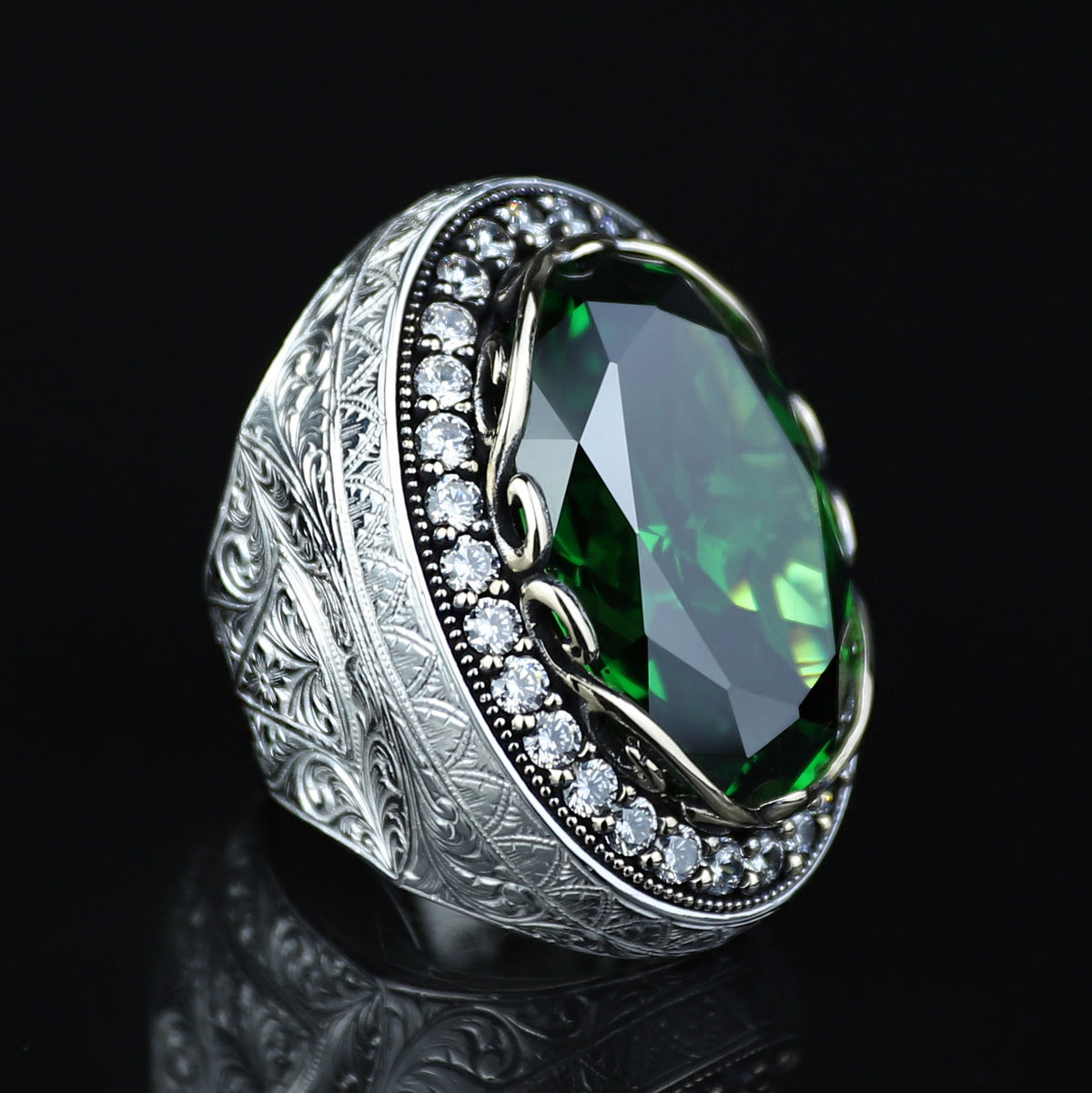 Men Silver Emerald Gemstone Ring, Engraved Green Men Ring, Solid Silver Men Ring, Ottoman Men's Ring, Green Peridot Signet Ring, 925 Ring