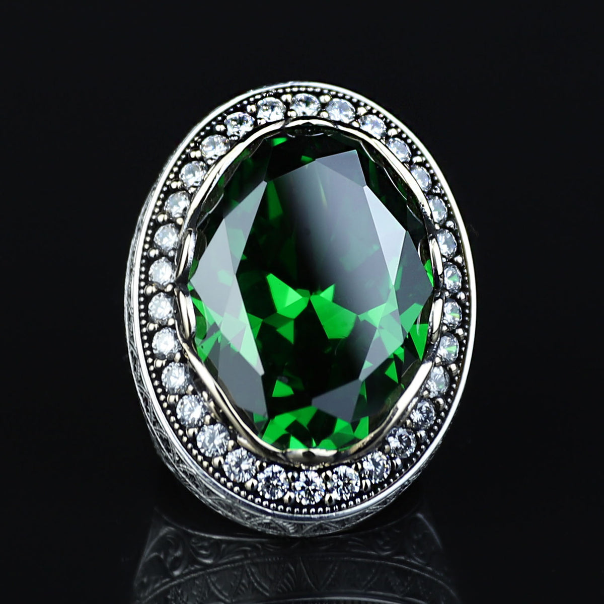 Men Silver Emerald Gemstone Ring, Engraved Green Men Ring, Solid Silver Men Ring, Ottoman Men's Ring, Green Peridot Signet Ring, 925 Ring