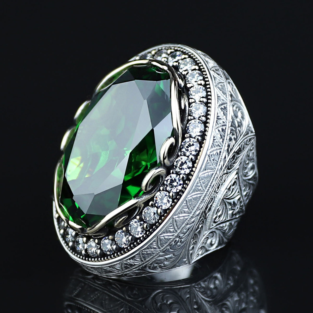 Men Silver Emerald Gemstone Ring, Engraved Green Men Ring, Solid Silver Men Ring, Ottoman Men's Ring, Green Peridot Signet Ring, 925 Ring