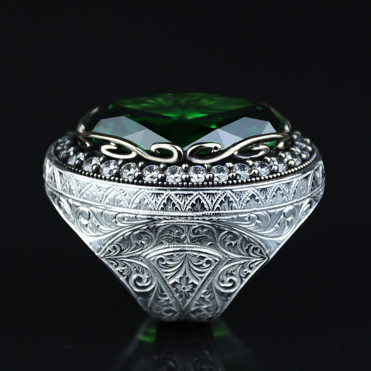 Men Silver Emerald Gemstone Ring, Engraved Green Men Ring, Solid Silver Men Ring, Ottoman Men's Ring, Green Peridot Signet Ring, 925 Ring