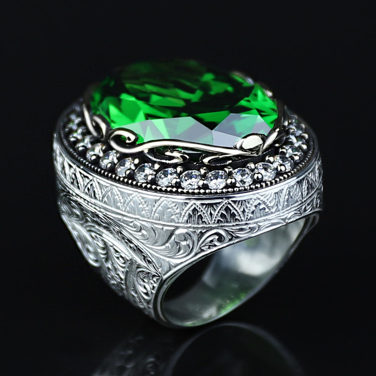 Men Silver Emerald Gemstone Ring, Engraved Green Men Ring, Solid Silver Men Ring, Ottoman Men's Ring, Green Peridot Signet Ring, 925 Ring