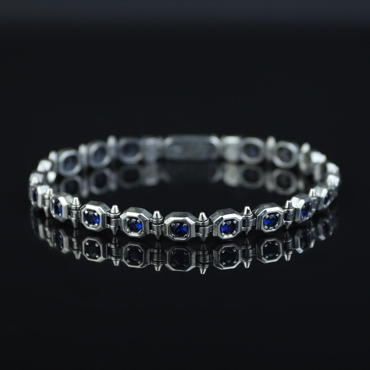 925 Silver Sapphire Stone Chain Bracelet, Men Blue Stone Bracelet, Vintage Chain Bracelet, Byzantine Bracelet, Curb Chain Bracelet