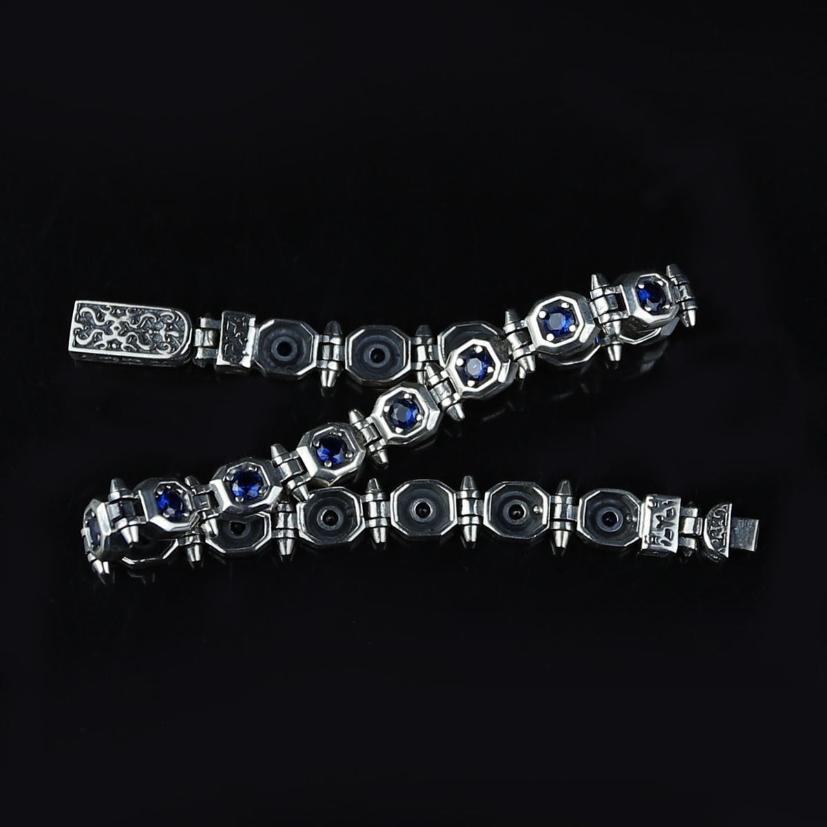 925 Silver Sapphire Stone Chain Bracelet, Men Blue Stone Bracelet, Vintage Chain Bracelet, Byzantine Bracelet, Curb Chain Bracelet