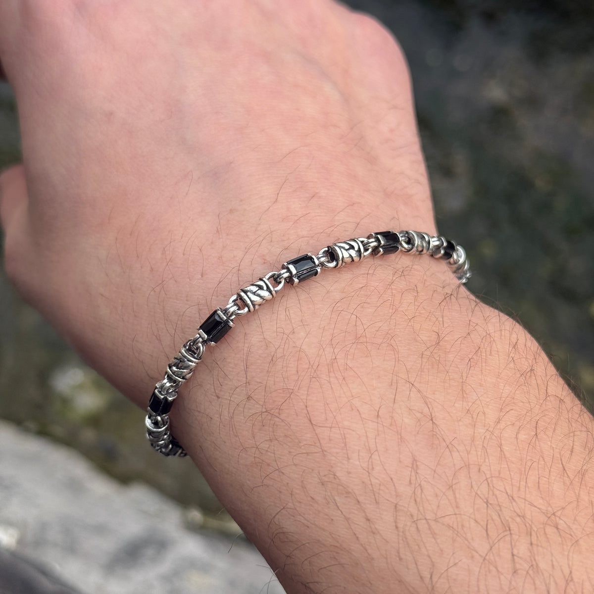 Pulsera de cadena para hombre de plata maciza 925 con gema de ónix negro