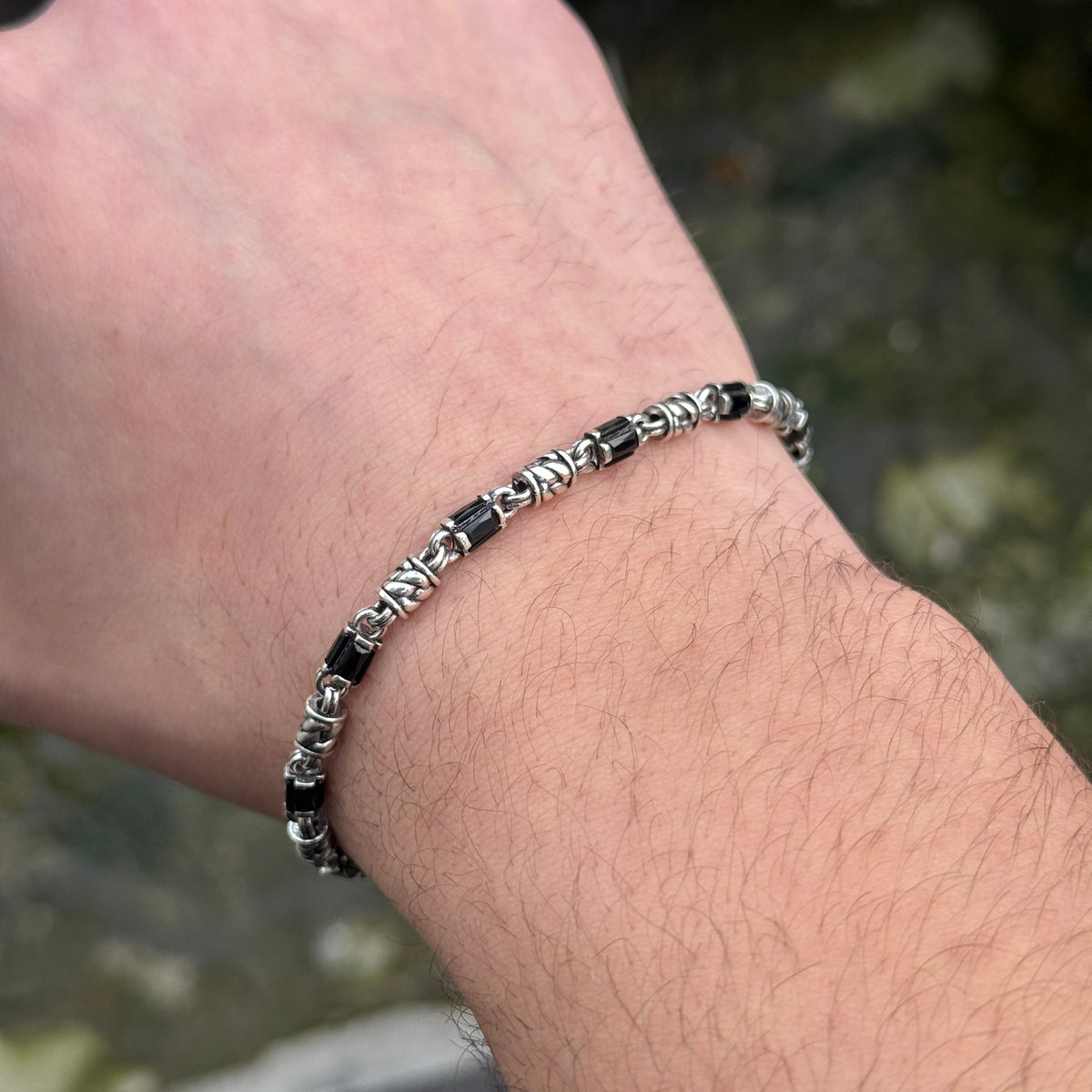 Pulsera de cadena para hombre de plata maciza 925 con gema de ónix negro