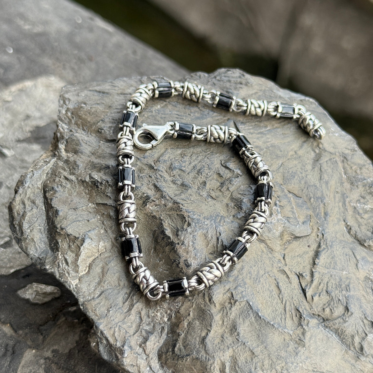 Pulsera de cadena para hombre de plata maciza 925 con gema de ónix negro