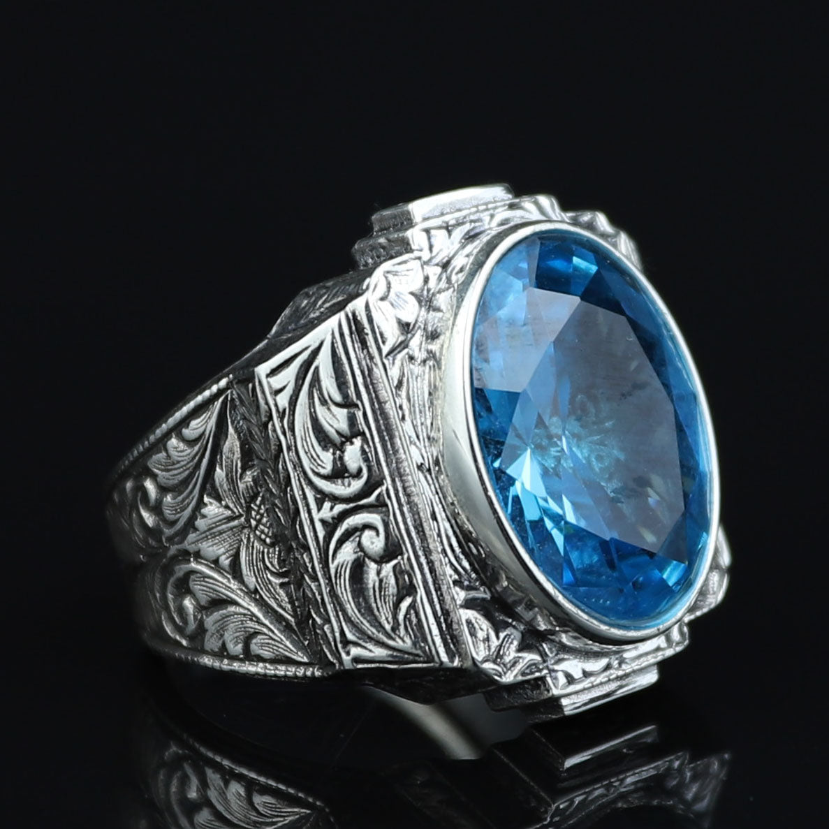 Men Silver Aquamarine Stone Ring, Hand Engraved Aquamarine Ring, Ottoman Style Blue Aquamarine Stone Ring , Vintage Men Ring, 925 Silver