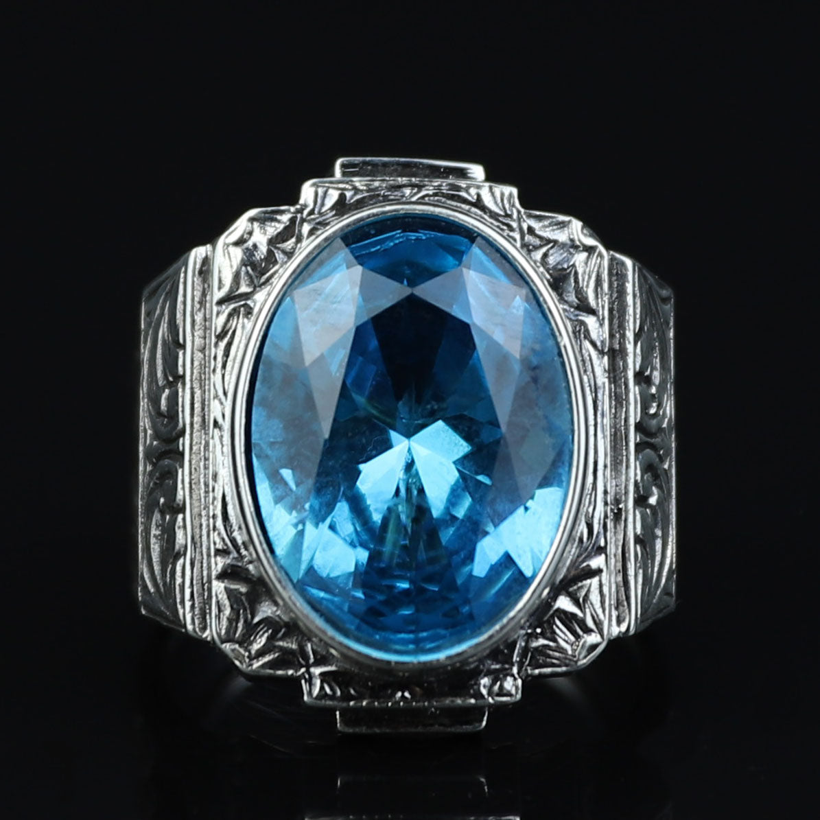 Men Silver Aquamarine Stone Ring, Hand Engraved Aquamarine Ring, Ottoman Style Blue Aquamarine Stone Ring , Vintage Men Ring, 925 Silver