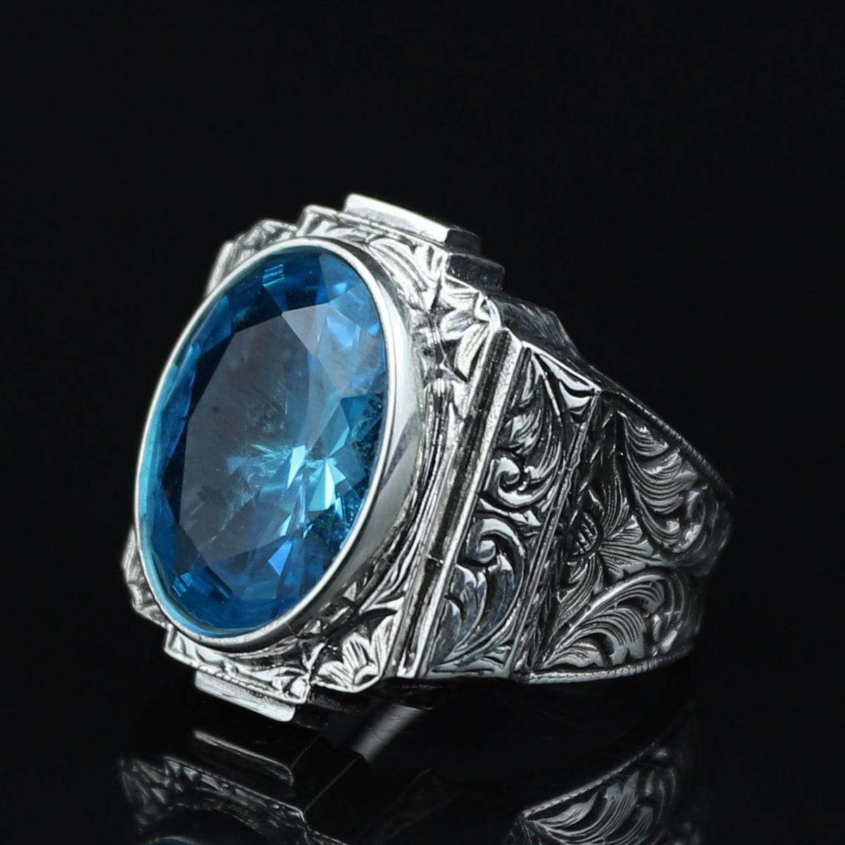 Men Silver Aquamarine Stone Ring, Hand Engraved Aquamarine Ring, Ottoman Style Blue Aquamarine Stone Ring , Vintage Men Ring, 925 Silver