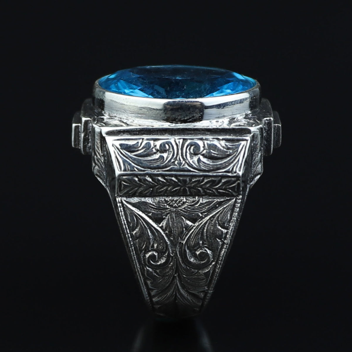 Men Silver Aquamarine Stone Ring, Hand Engraved Aquamarine Ring, Ottoman Style Blue Aquamarine Stone Ring , Vintage Men Ring, 925 Silver