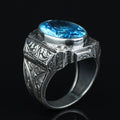 Men Silver Aquamarine Stone Ring, Hand Engraved Aquamarine Ring, Ottoman Style Blue Aquamarine Stone Ring , Vintage Men Ring, 925 Silver