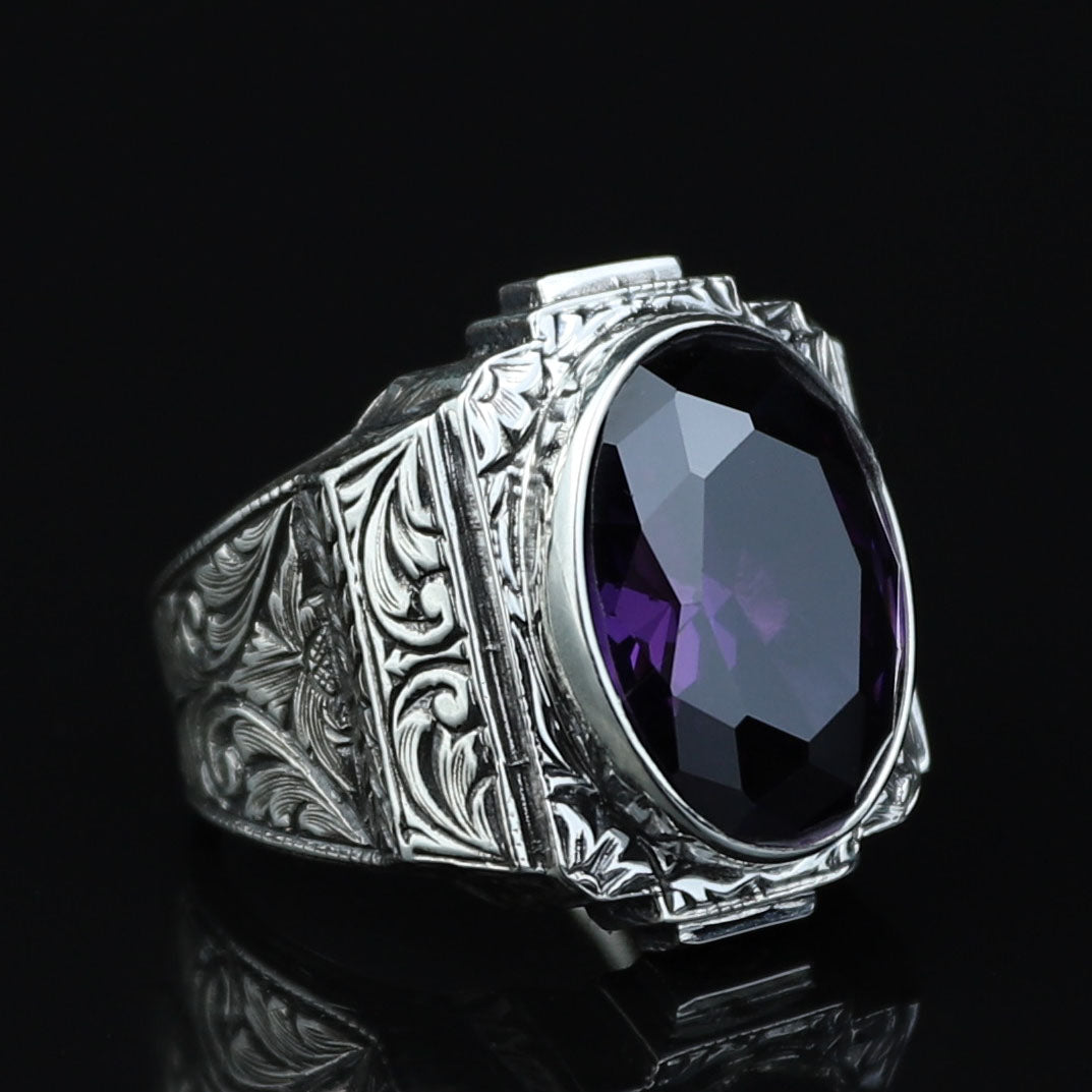 925 Silver Dark Amethyst Silver Ring, Engraved Vintage Men Ring, Gemstone Engagement Ring , Silver Handmade Ring , Sterling Silver Ring
