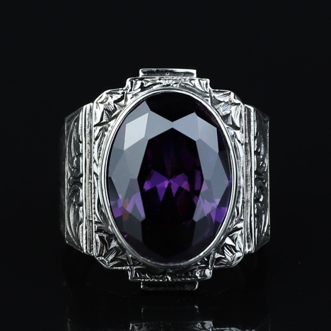 925 Silver Dark Amethyst Silver Ring, Engraved Vintage Men Ring, Gemstone Engagement Ring , Silver Handmade Ring , Sterling Silver Ring