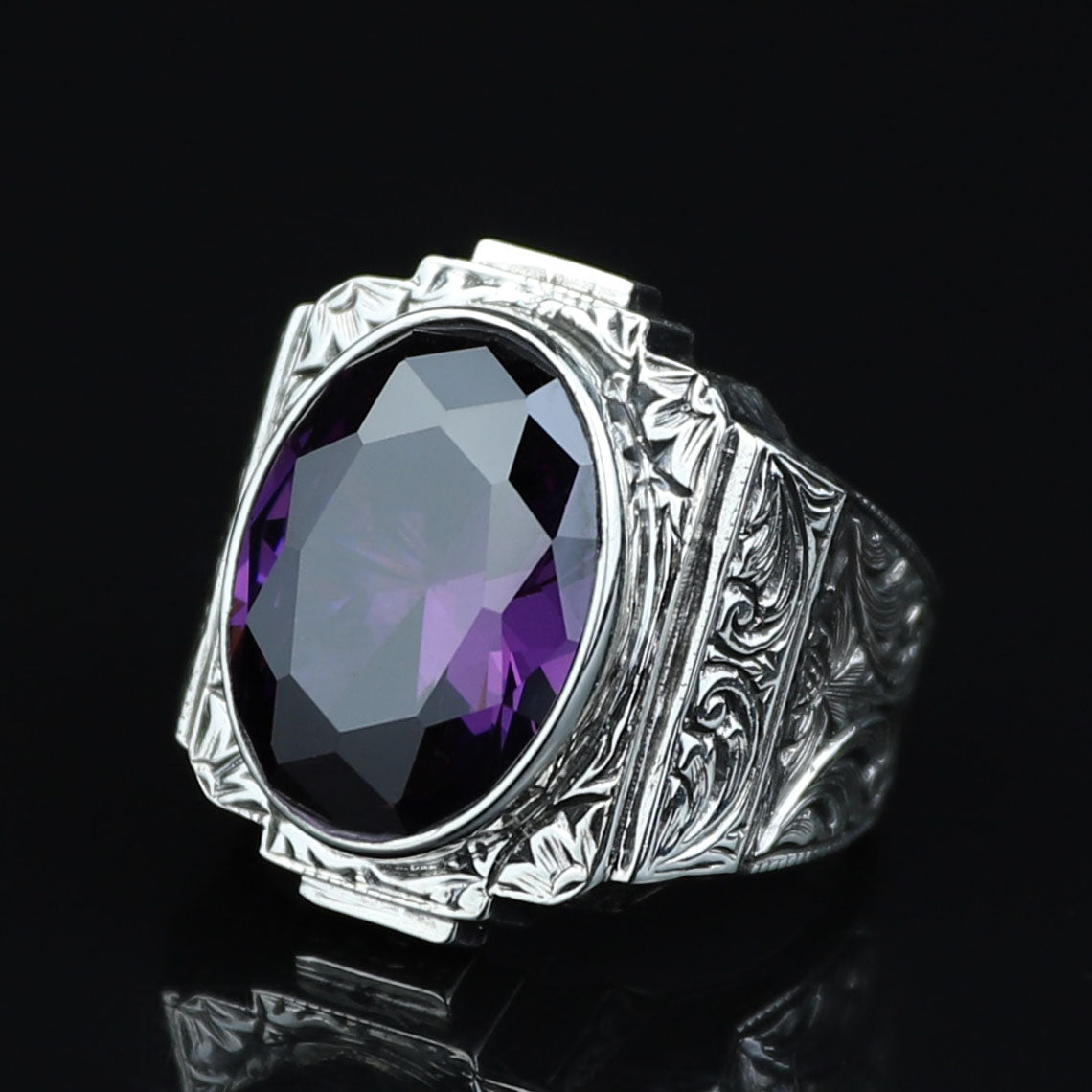 925 Silver Dark Amethyst Silver Ring, Engraved Vintage Men Ring, Gemstone Engagement Ring , Silver Handmade Ring , Sterling Silver Ring