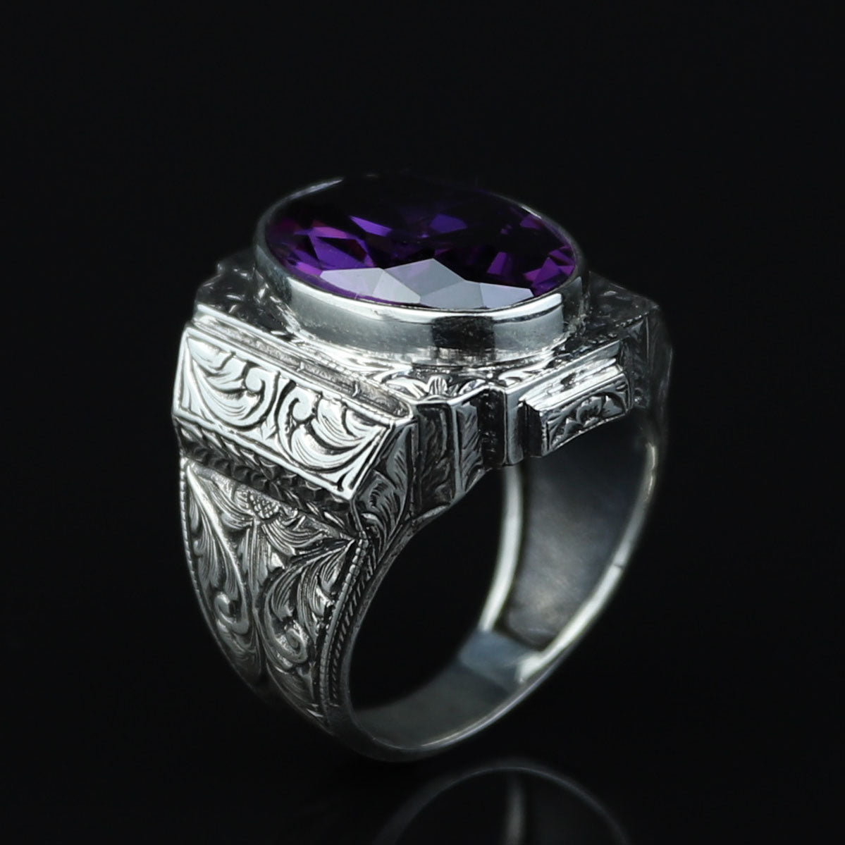 925 Silver Dark Amethyst Silver Ring, Engraved Vintage Men Ring, Gemstone Engagement Ring , Silver Handmade Ring , Sterling Silver Ring