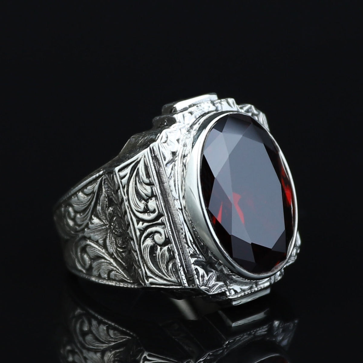 925 Silver Red Ruby Stone Ring, Engraved Red Gemstone Ring, Vintage Signet Garnet Ring, Vintage Mens Ring, Turkish Handmade 925 Silver