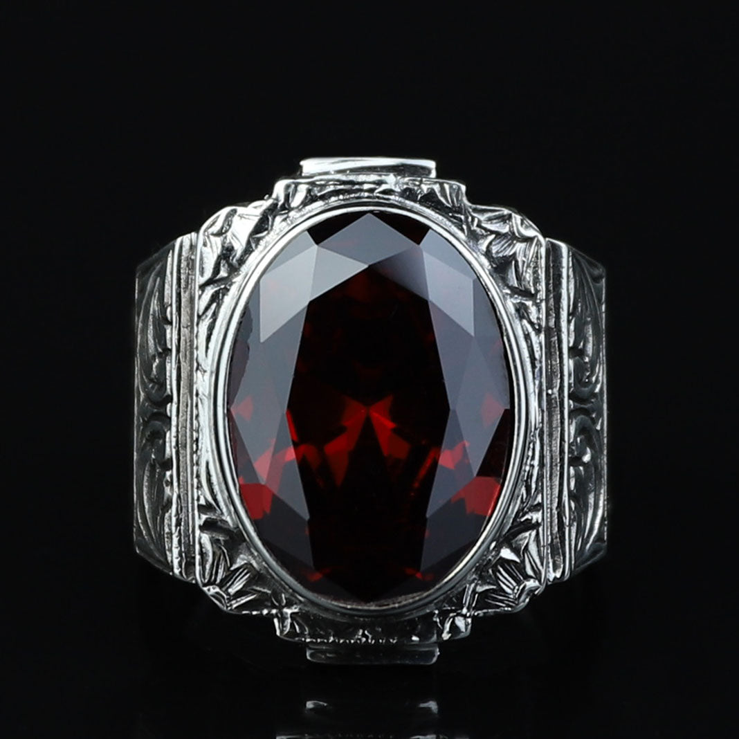 925 Silver Red Ruby Stone Ring, Engraved Red Gemstone Ring, Vintage Signet Garnet Ring, Vintage Mens Ring, Turkish Handmade 925 Silver