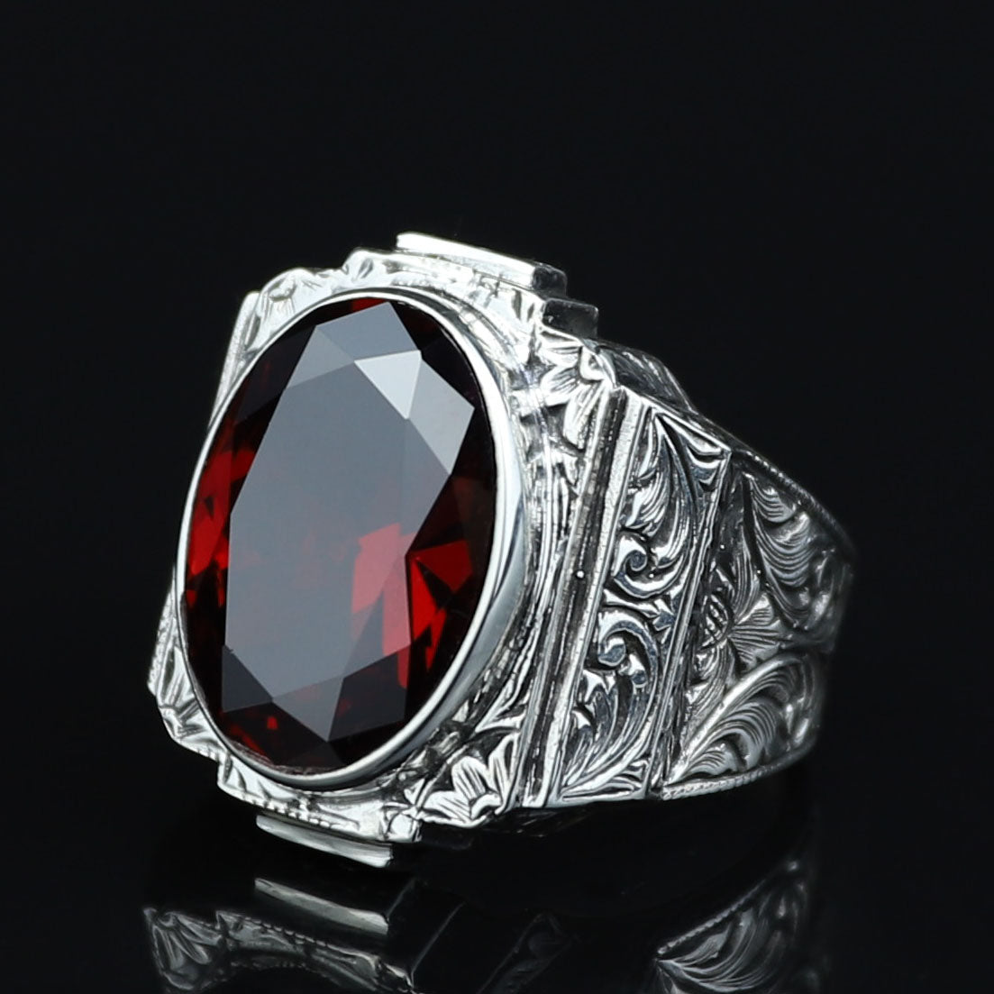 925 Silver Red Ruby Stone Ring, Engraved Red Gemstone Ring, Vintage Signet Garnet Ring, Vintage Mens Ring, Turkish Handmade 925 Silver