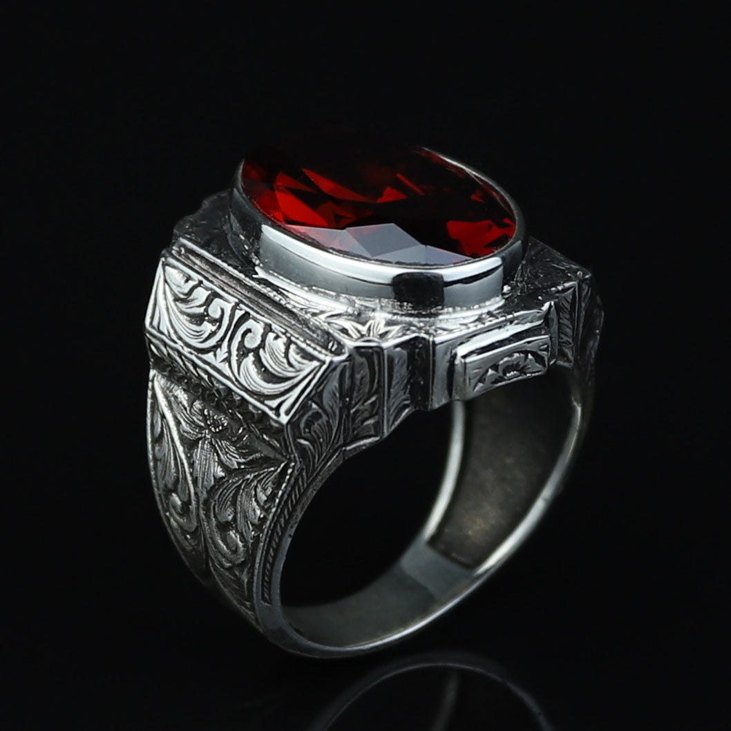 925 Silver Red Ruby Stone Ring, Engraved Red Gemstone Ring, Vintage Signet Garnet Ring, Vintage Mens Ring, Turkish Handmade 925 Silver