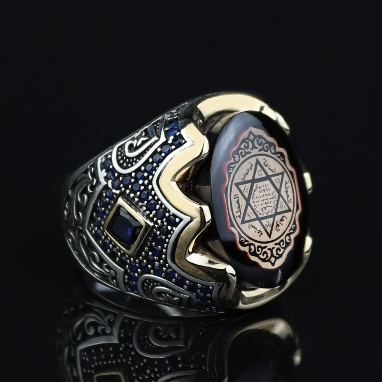 Men Silver King Solomon Signet Ring, Sapphire Stone Solomon Signet Ring, Mens Signet Ring, Handmade Sapphire Ring, 925k Sterling Silver Ring