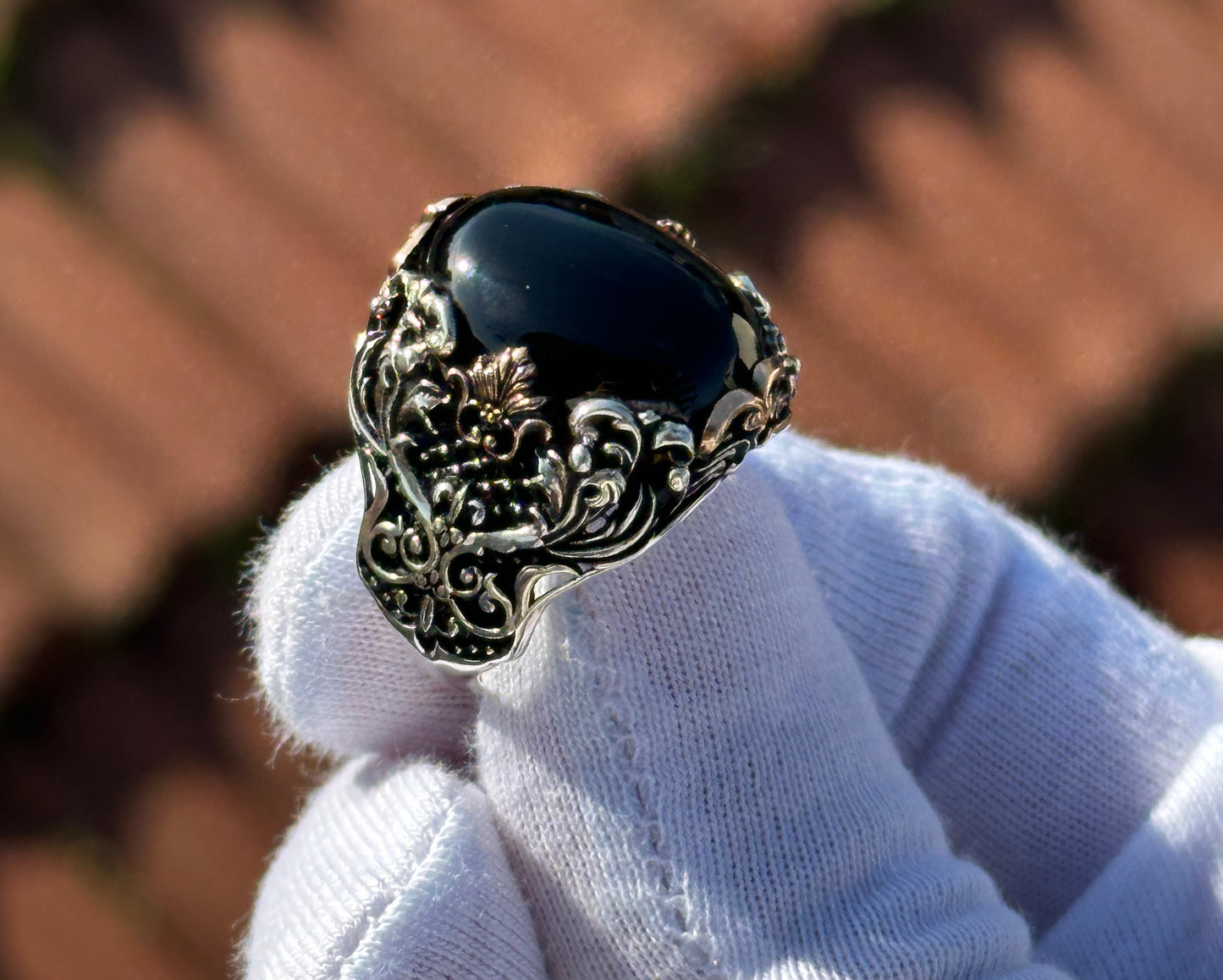 Herren Sterling Silber Onyx Ring Handgefertigter schwarzer Onyx
