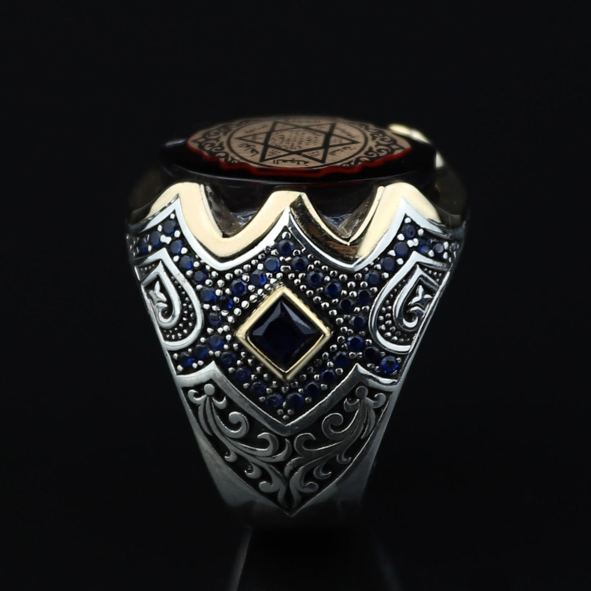 Men Silver King Solomon Signet Ring, Sapphire Stone Solomon Signet Ring, Mens Signet Ring, Handmade Sapphire Ring, 925k Sterling Silver Ring