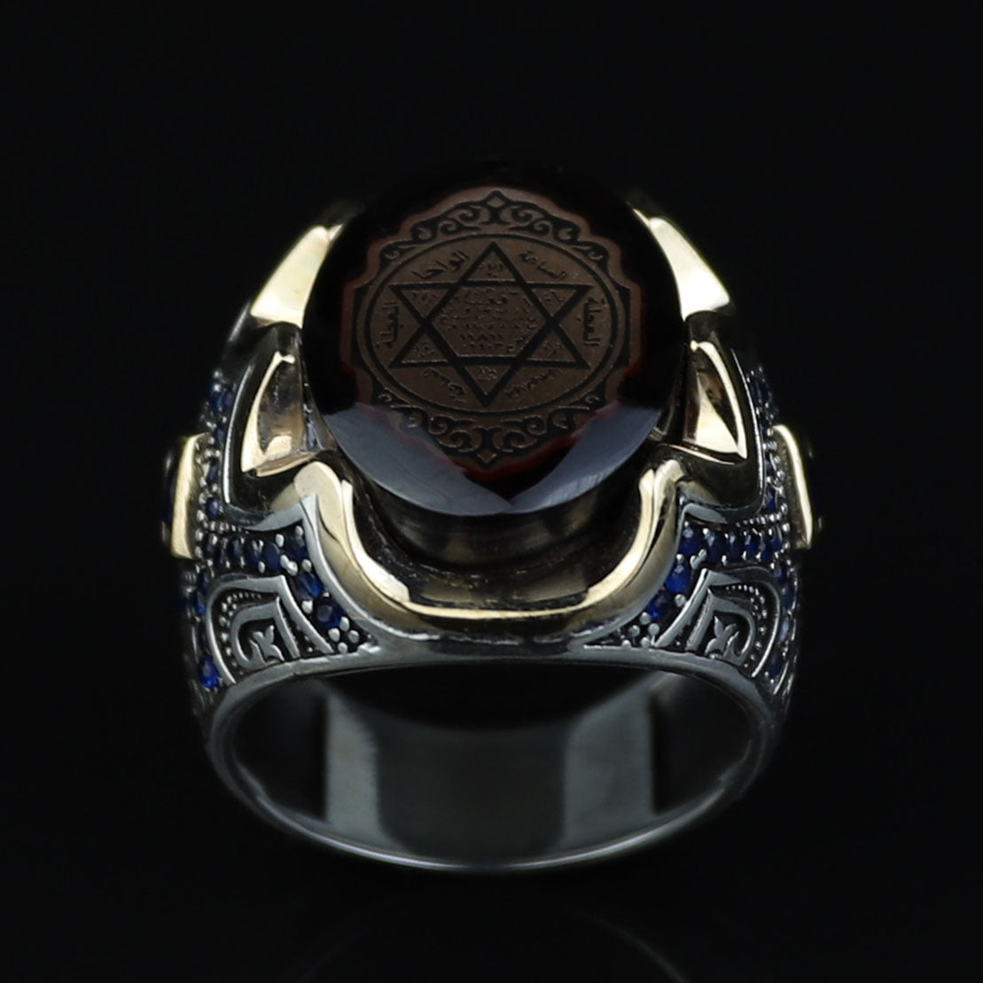 Men Silver King Solomon Signet Ring, Sapphire Stone Solomon Signet Ring, Mens Signet Ring, Handmade Sapphire Ring, 925k Sterling Silver Ring