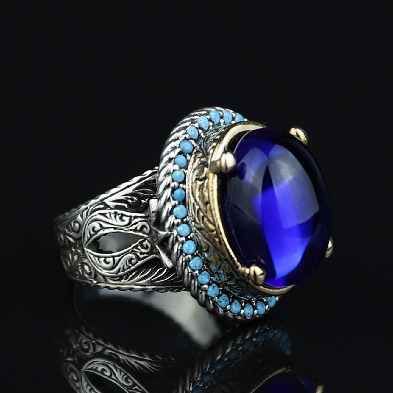Men Blue Sapphire Stone Ring, Vintage Silver Sapphire Stone Ring, Turkısh Handmade Ring , Ottoman Style Ring , 925k Sterling Silver Ring
