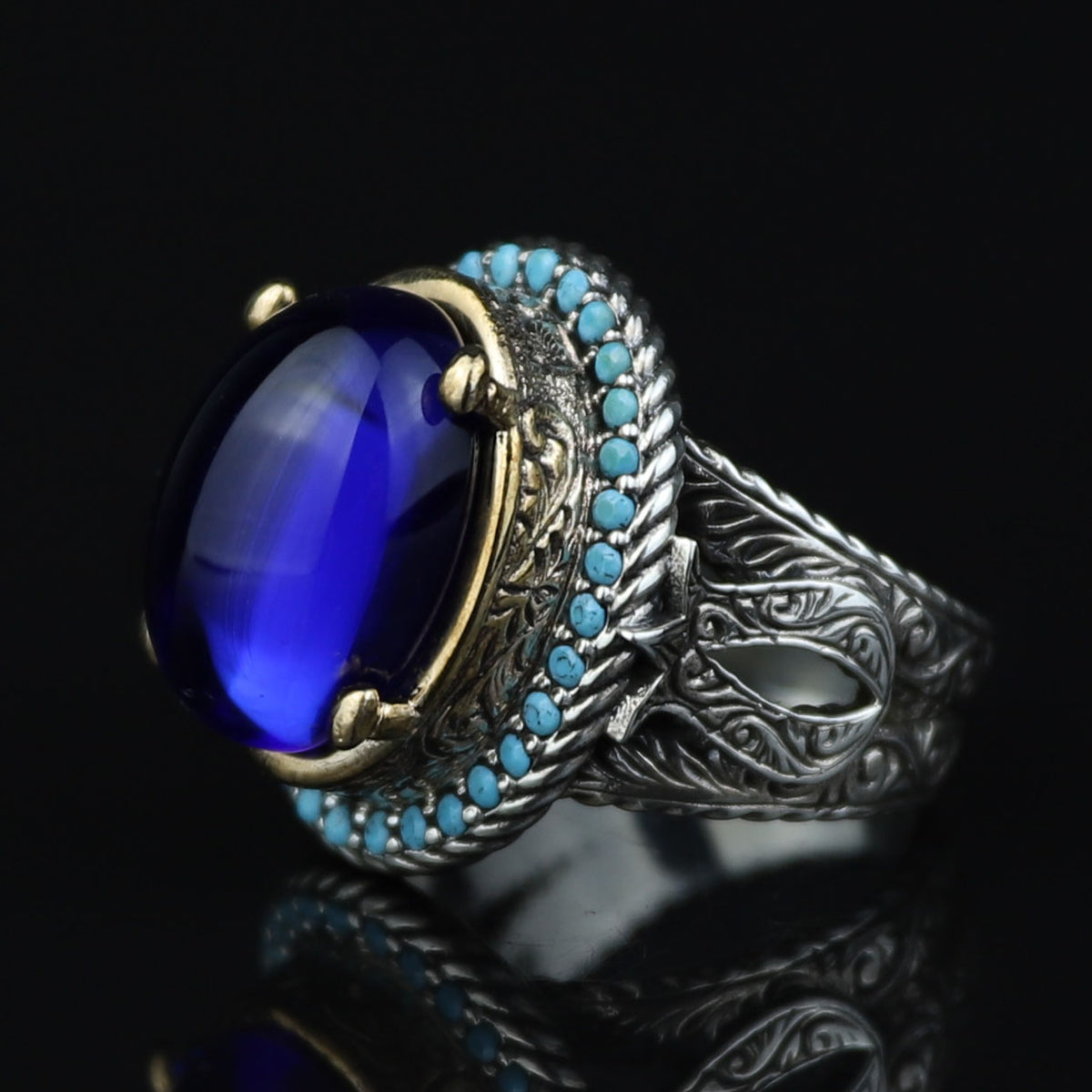 Men Blue Sapphire Stone Ring, Vintage Silver Sapphire Stone Ring, Turkısh Handmade Ring , Ottoman Style Ring , 925k Sterling Silver Ring