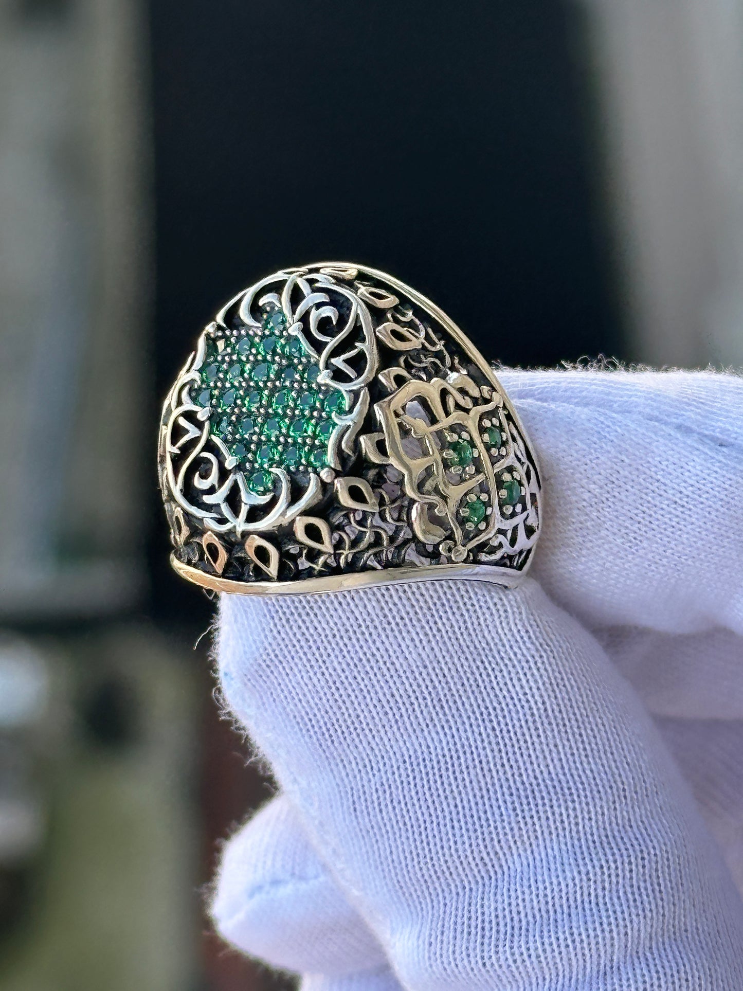 Man Emerald Stone Handmade Engraved Ottoman Style Ring  Cubic Zirconia Stones Ring