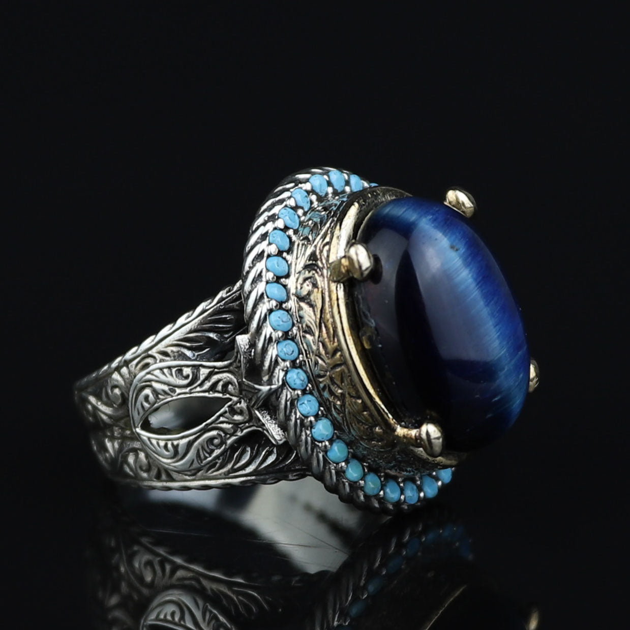 925 Silver Blue Tiger Eye Stone Ring, Vintage Tiger Eye Gemstone Ring , Handmade Silver Ring , Ottoman Style, 925K Sterling Silver Ring
