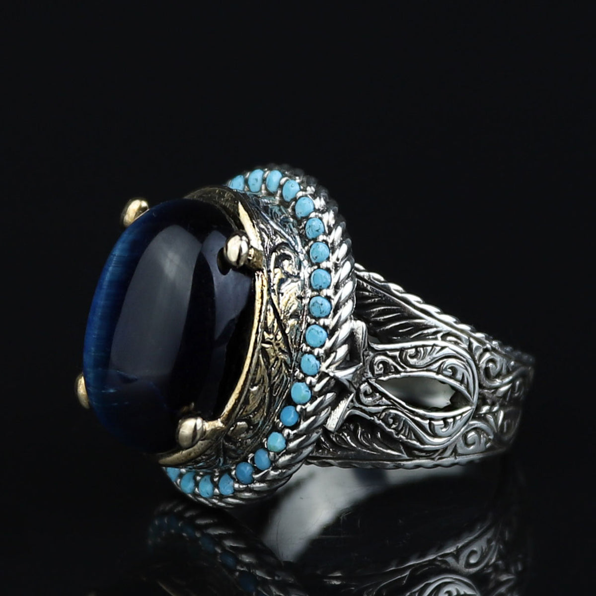 925 Silver Blue Tiger Eye Stone Ring, Vintage Tiger Eye Gemstone Ring , Handmade Silver Ring , Ottoman Style, 925K Sterling Silver Ring