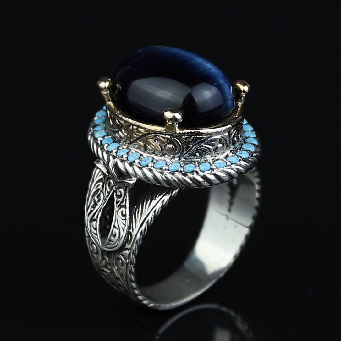 925 Silver Blue Tiger Eye Stone Ring, Vintage Tiger Eye Gemstone Ring , Handmade Silver Ring , Ottoman Style, 925K Sterling Silver Ring