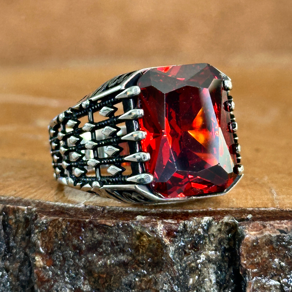 Männer Silber Rubin Granat Stein Männer Ring