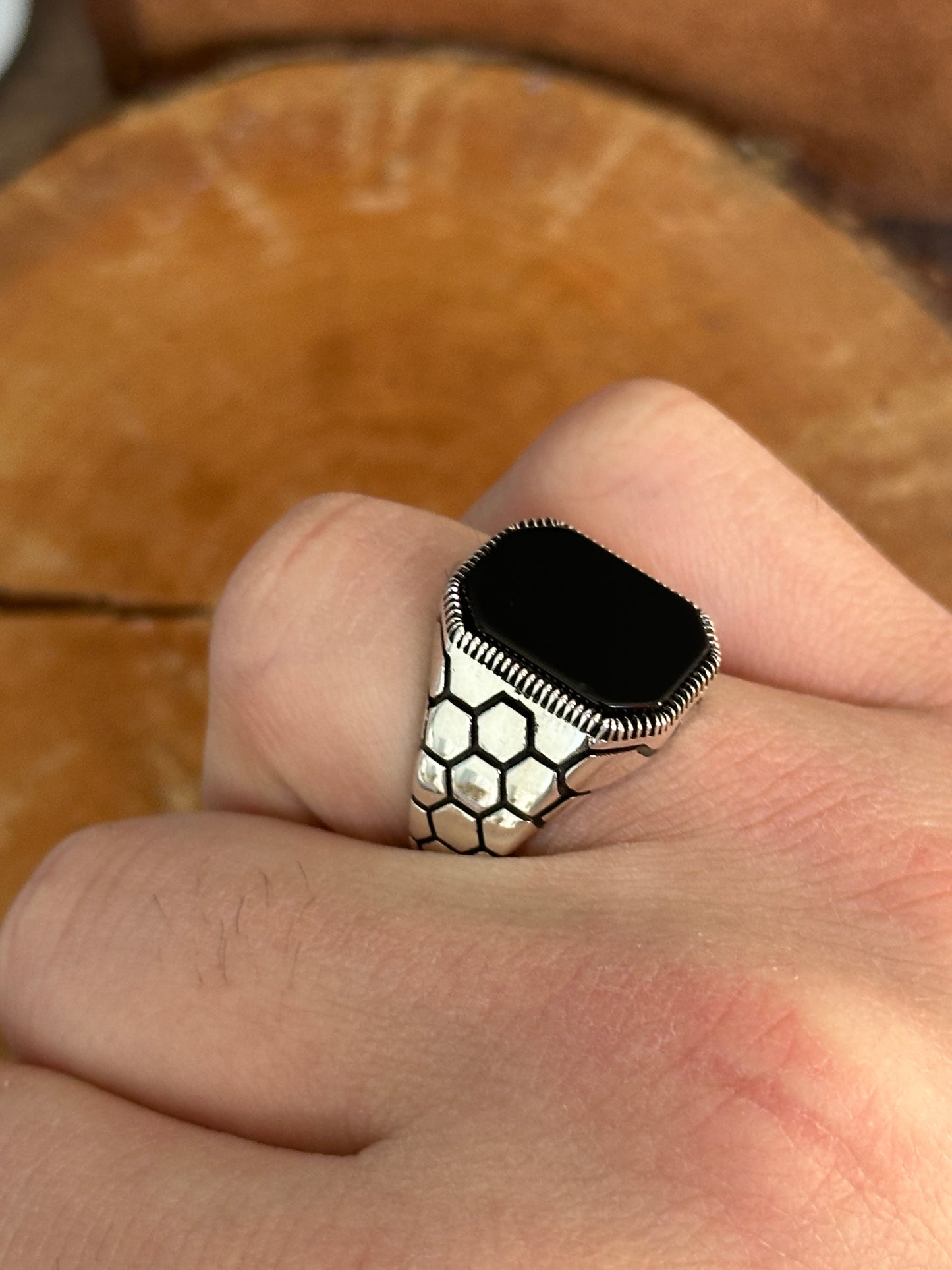 Herren Silber handgemachter quadratischer Onyx Ring