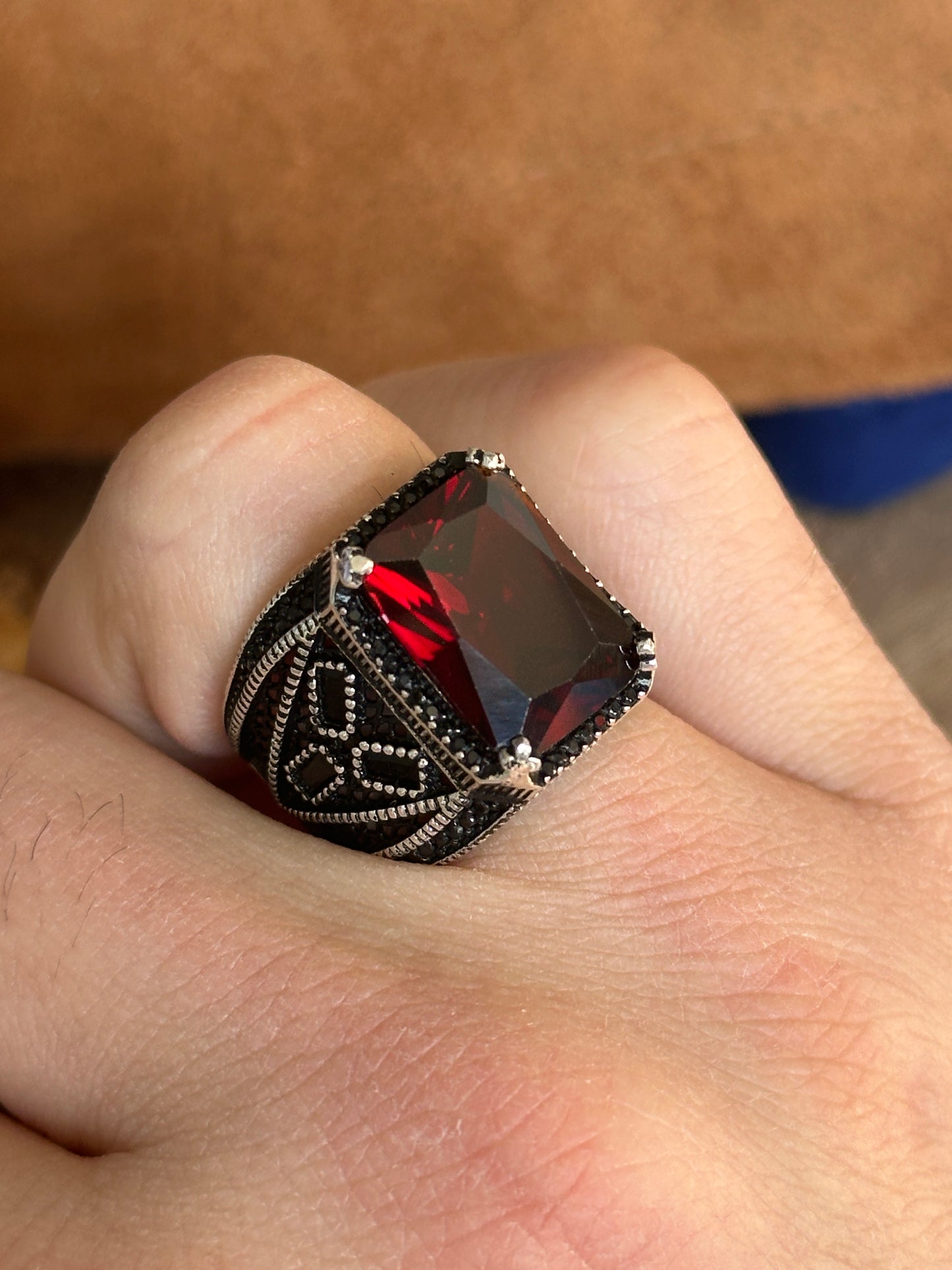 Men Silver Red Garnet Stone Man Ring