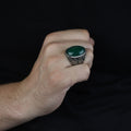 Men Silver Jade Stone Ring, Large Natural Jade Style Engraved Ring, Men Silver Ring, Turkish Handmade Sterling Silver Ring, Gift For Him