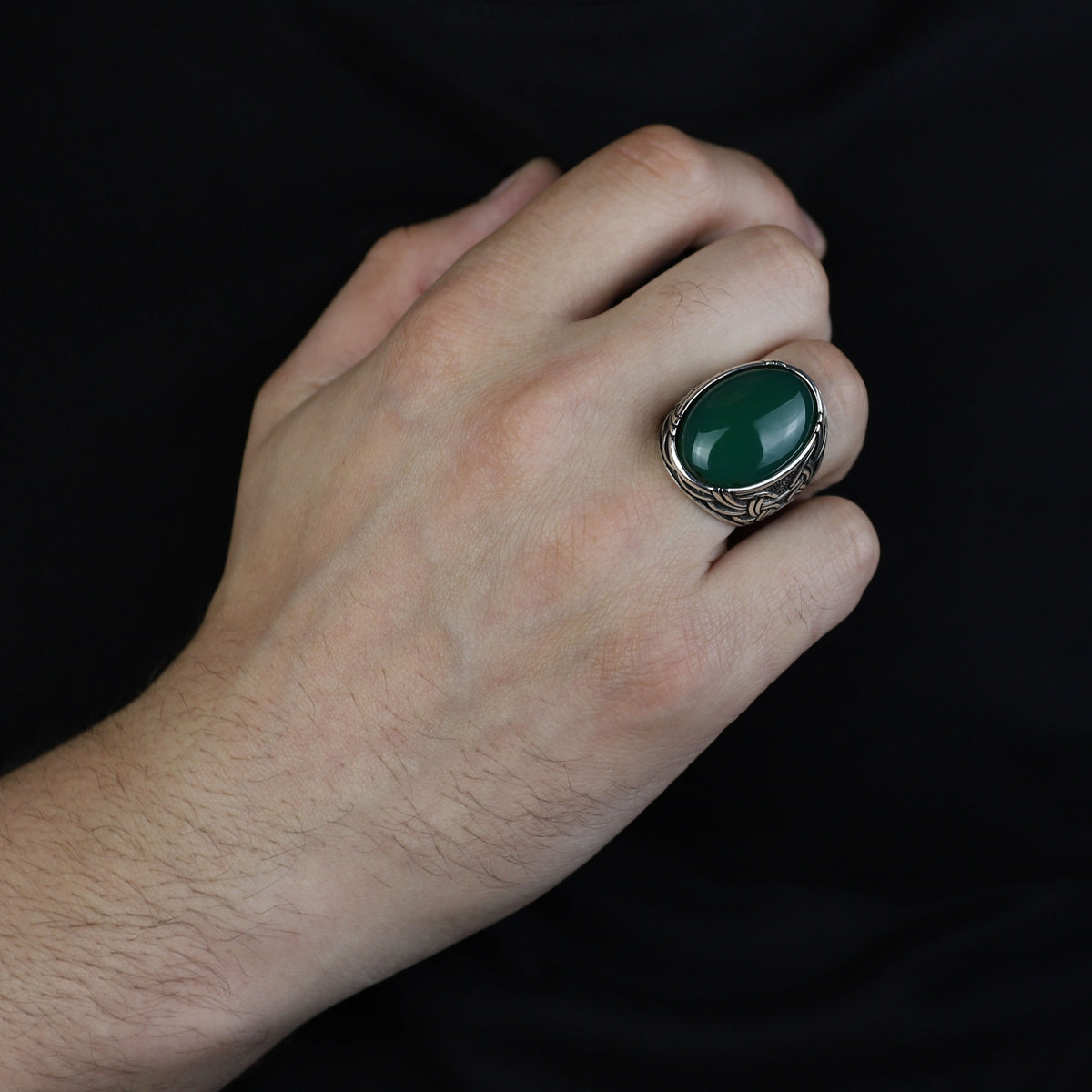 Men Silver Jade Stone Ring, Large Natural Jade Style Engraved Ring, Men Silver Ring, Turkish Handmade Sterling Silver Ring, Gift For Him