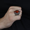 Silver Natural Baltic Orange Amber Ring , Engraved Ring, Gemstone Ring , Father Day Gift, Men Ottoman Style Handmade Ring , 925k Sterling Silver
