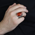 Silver Natural Baltic Orange Amber Ring , Engraved Ring, Gemstone Ring , Father Day Gift, Men Ottoman Style Handmade Ring , 925k Sterling Silver