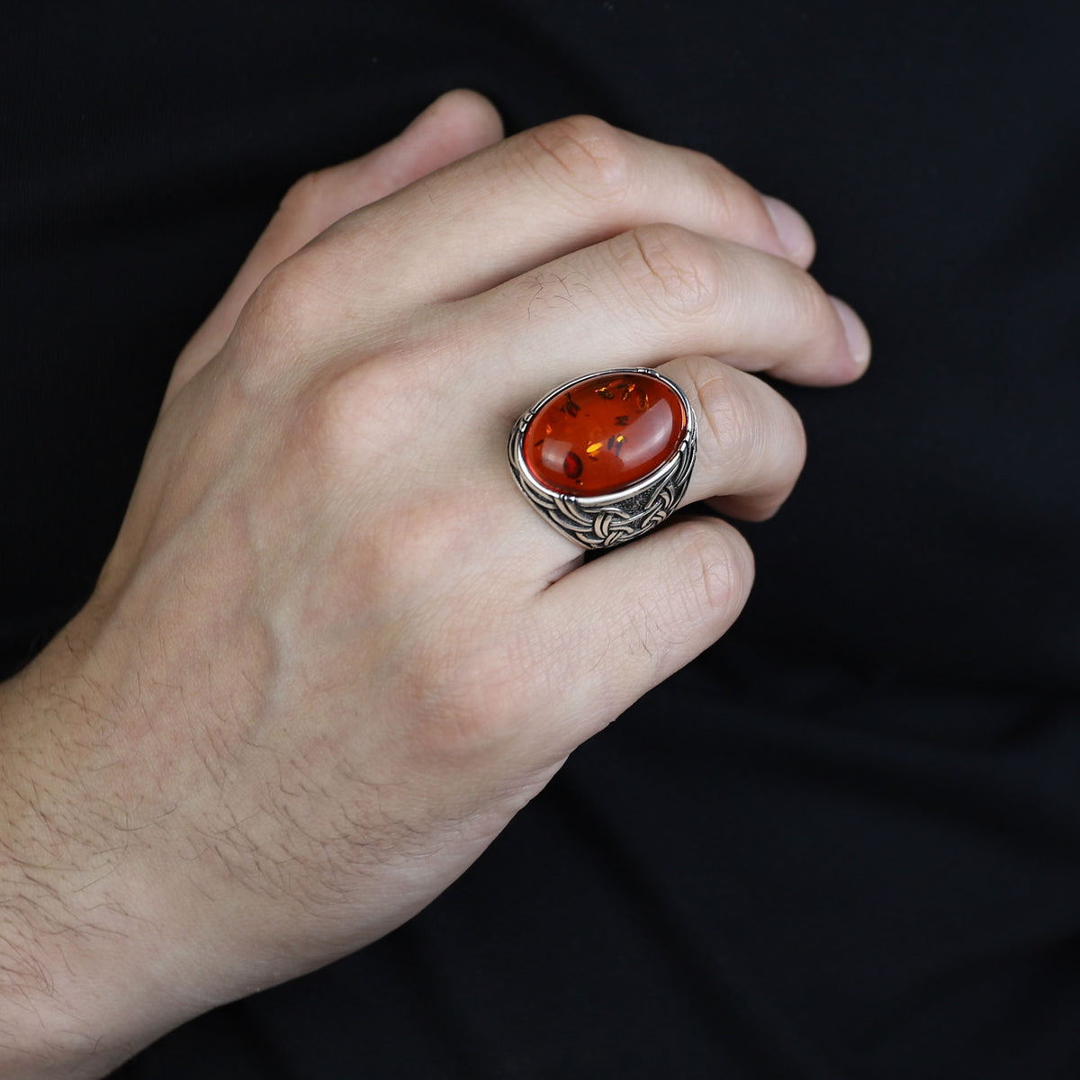 Silver Natural Baltic Orange Amber Ring , Engraved Ring, Gemstone Ring , Father Day Gift, Men Ottoman Style Handmade Ring , 925k Sterling Silver