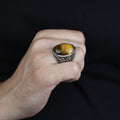 Men Handmade Tiger Eye Ring, Large Engraved Men Ring, Natural Tiger Eye Gemstone Ring, Turkish Handmade 925k Sterling Silver Ring