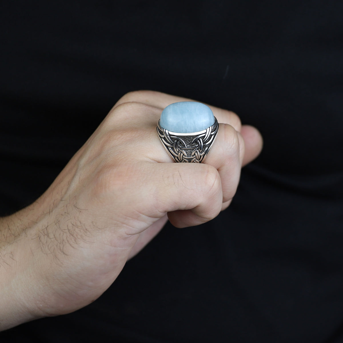 Men Silver Aquamarine Stone Ring, Engraved Natural Aquamarine Stone Ring , Engraved Vintage Men Ring, Turkish Men Ring