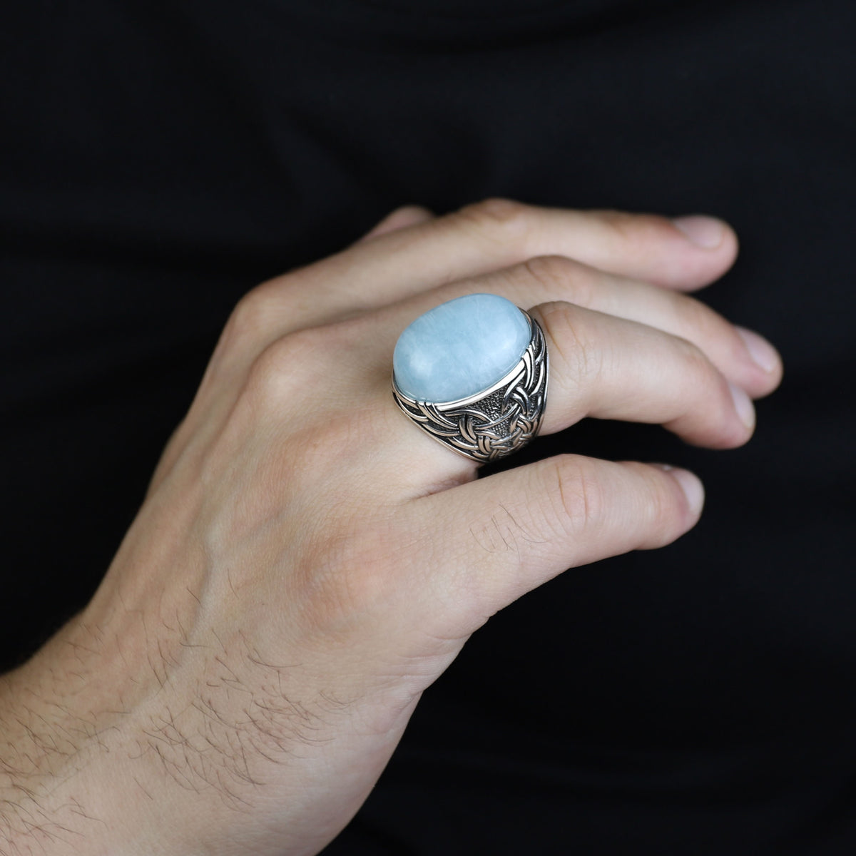 Men Silver Aquamarine Stone Ring, Engraved Natural Aquamarine Stone Ring , Engraved Vintage Men Ring, Turkish Men Ring