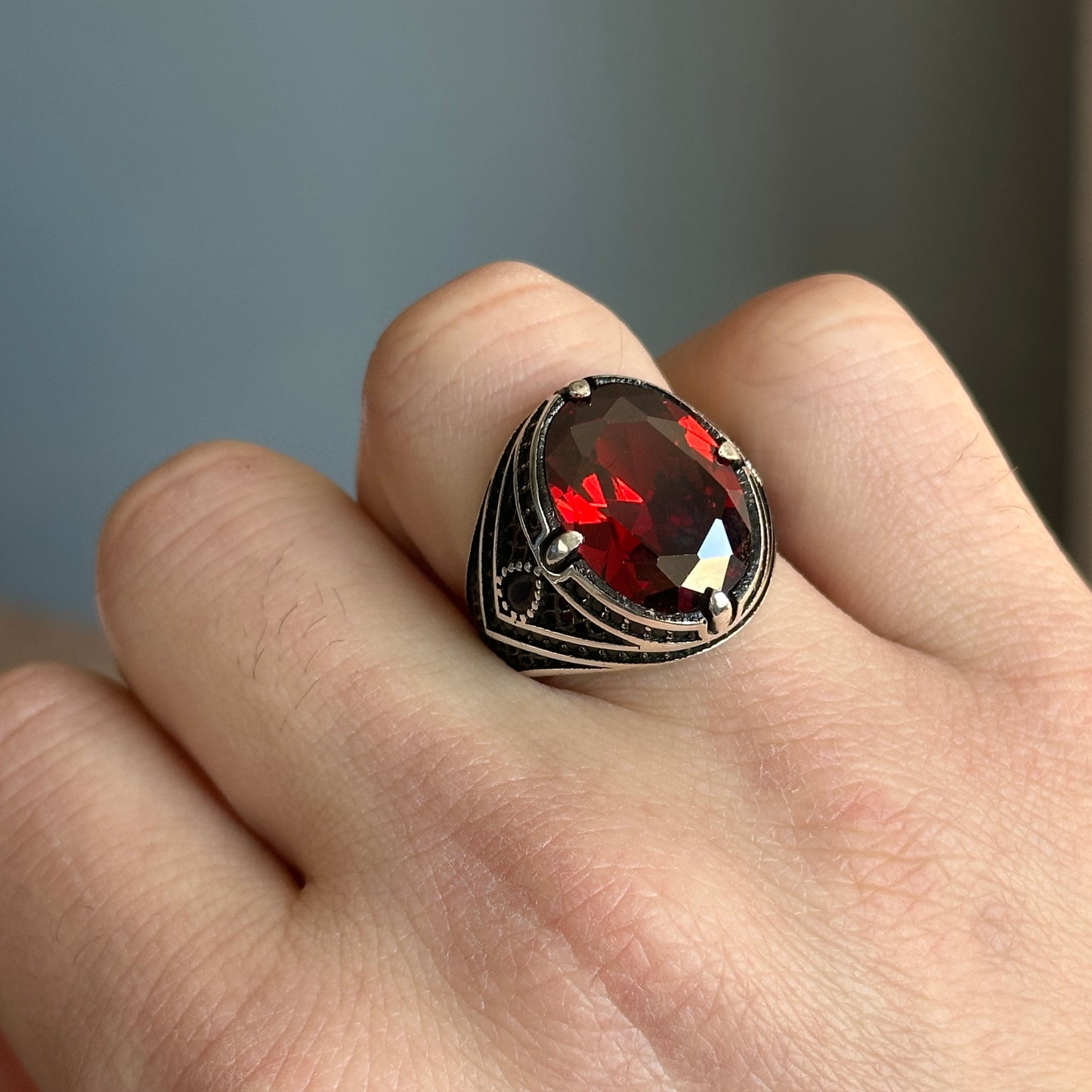 Men Silver Oval Red Garnet Stone Ring