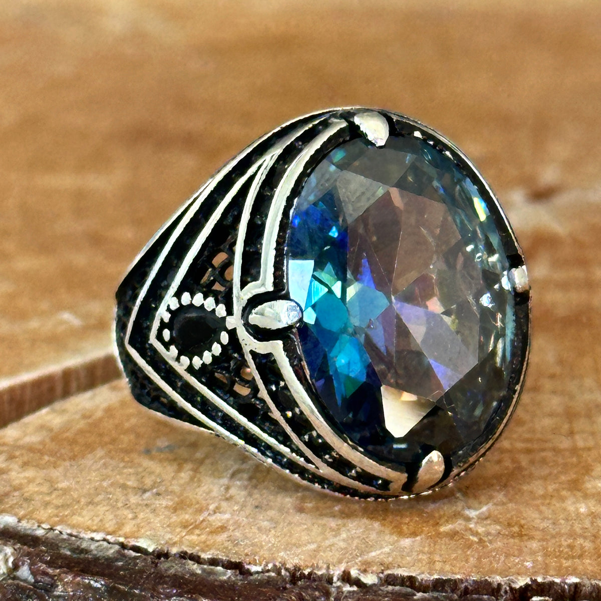 Men Handmade Oval Mystic Topaz Men Ring